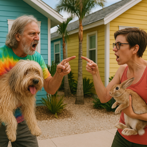 An older man holding a fluffy dog and a woman holding a rabbit are angrily pointing and shouting at each other outside colorful houses with palm trees in the background.
