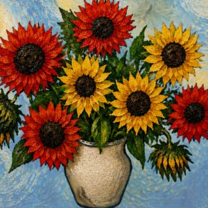 Abstract painting with swirling patterns in blue, yellow, green, and red, creating a dynamic texture. The colors blend and contrast, forming four distinct, spiral-like vortexes across the canvas.